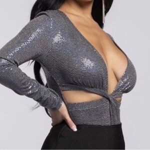 Black Metallic Long Sleeve Women's bodysuit